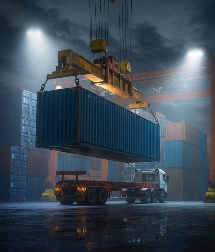Container crane loading operations at night