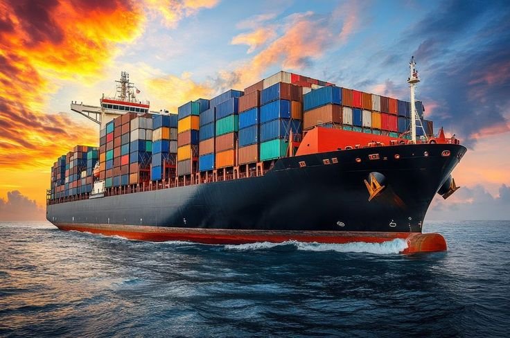 Cargo ship at sunset  -  global logistics
